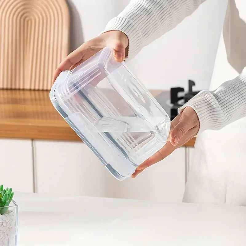 Leak-Proof Food Storage Containers, 4- or 6-Piece Sets held by a person, showcasing airtight design and stackable storage.
