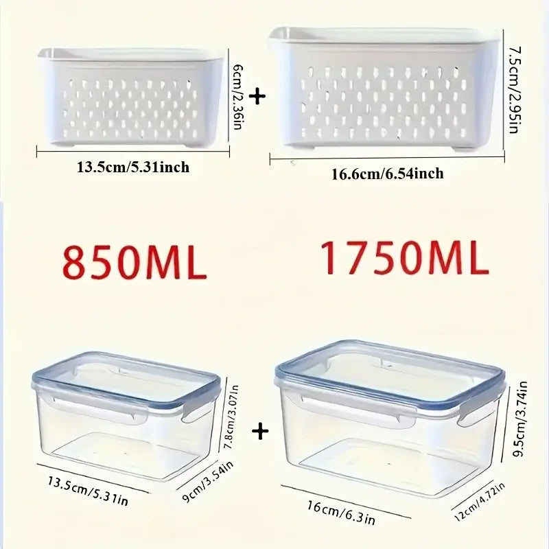 Leak-Proof Food Storage Containers, 4- or 6-Piece Sets with measurements and sizes displayed.