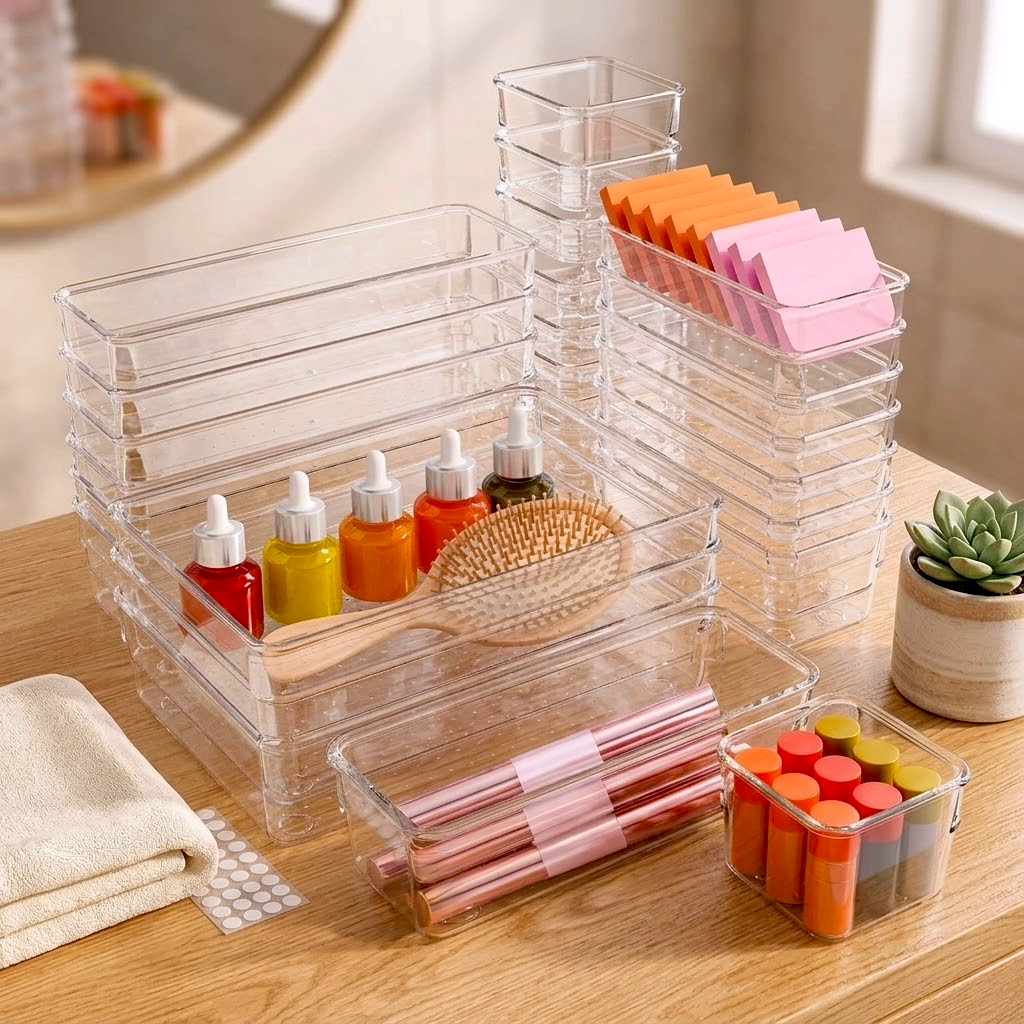 25-piece clear drawer organizer set with 4 sizes holding beauty supplies and office items