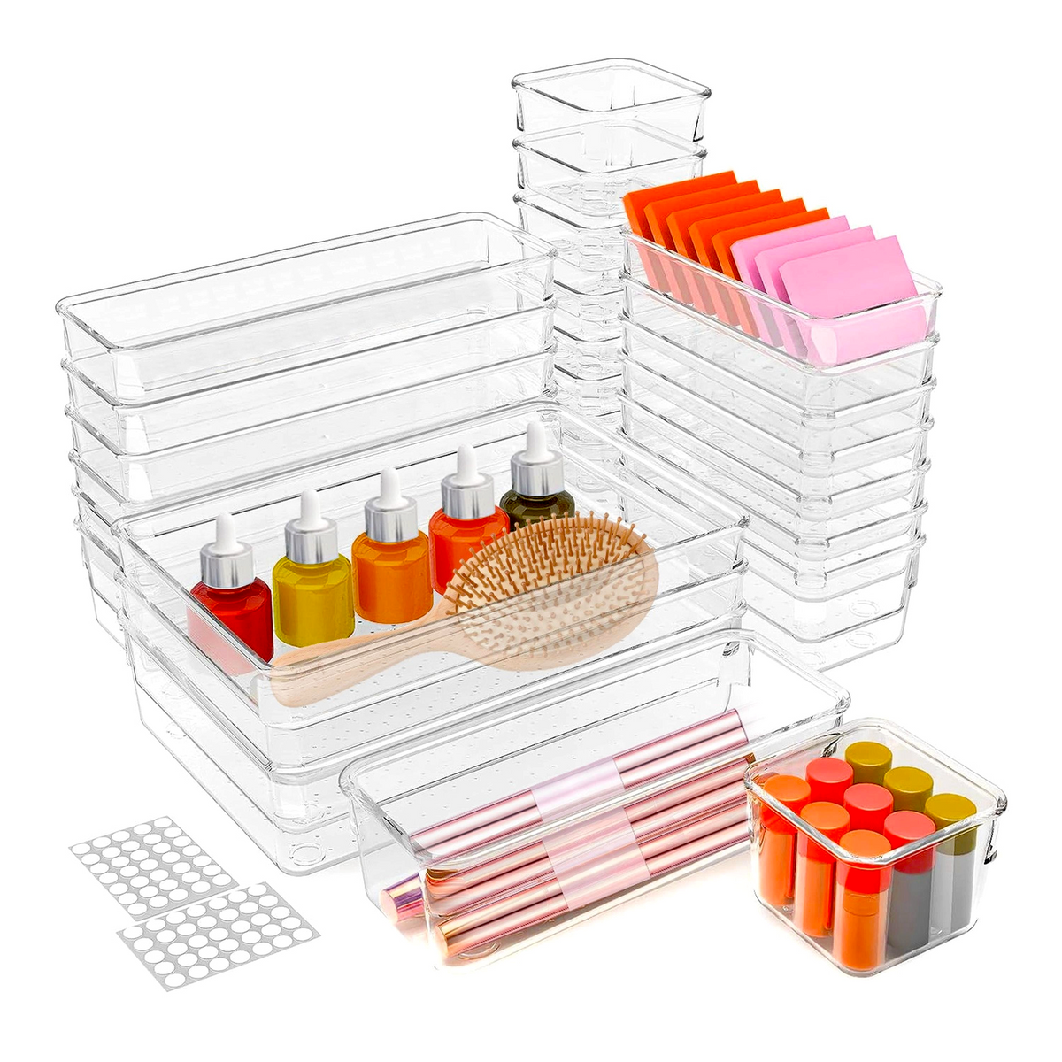 25-piece clear drawer organizer set in gray with 4 sizes for kitchen, bathroom, and desk storage