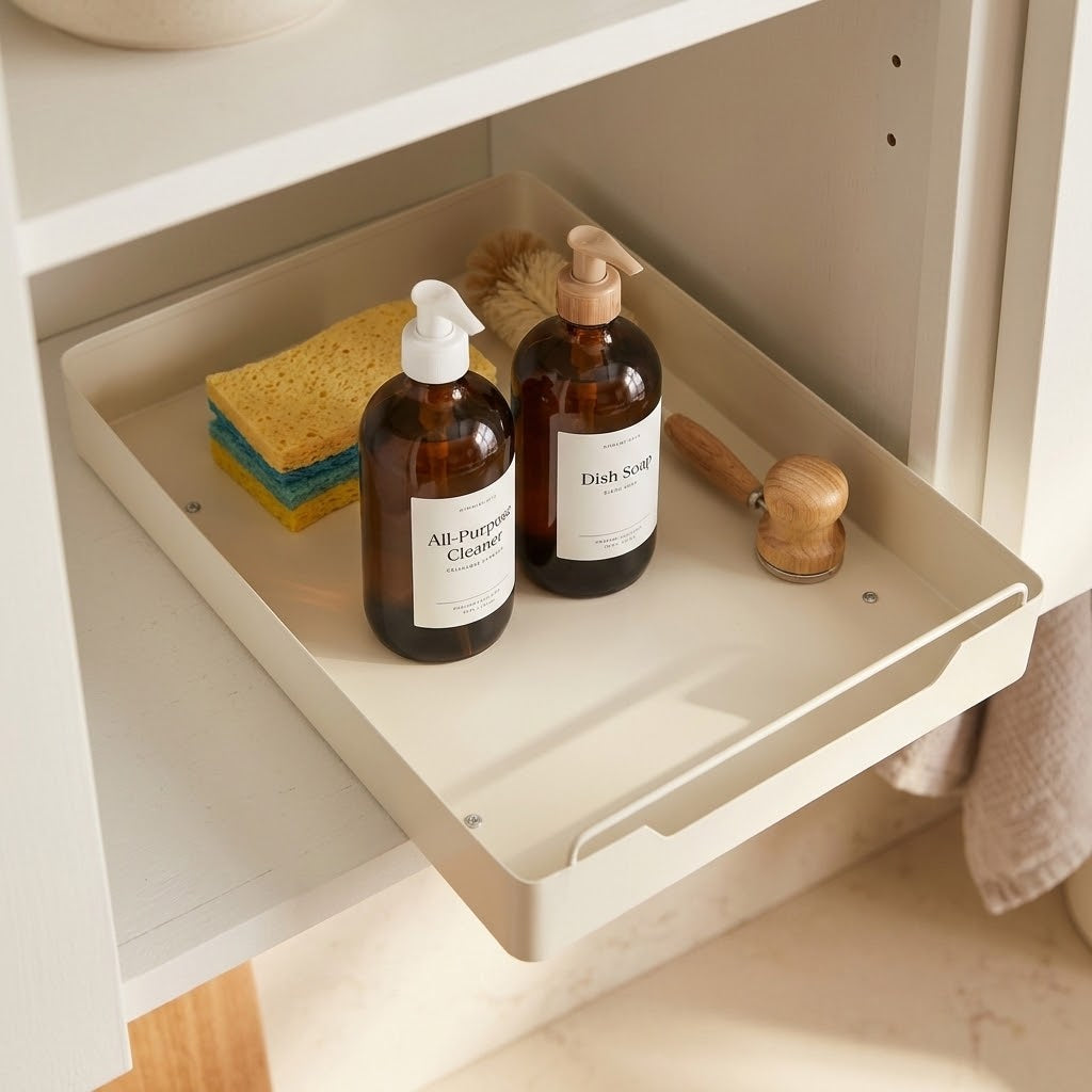 pull-out cabinet organizer drawer with cleaning supplies, sponges, and bottles under sink