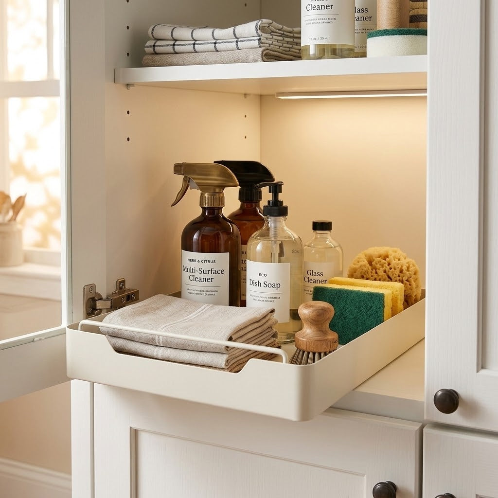 pull-out cabinet organizer drawer displaying organized cleaning supplies under sink with smooth-gliding rails