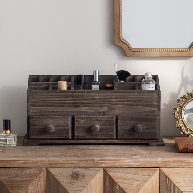 Rustic wooden desk organizer with drawers featuring open compartments and three storage drawers on vanity