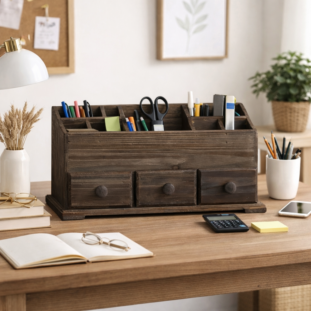 rustic wooden desk organizer with drawers holding pens, scissors, and office supplies on wooden desk