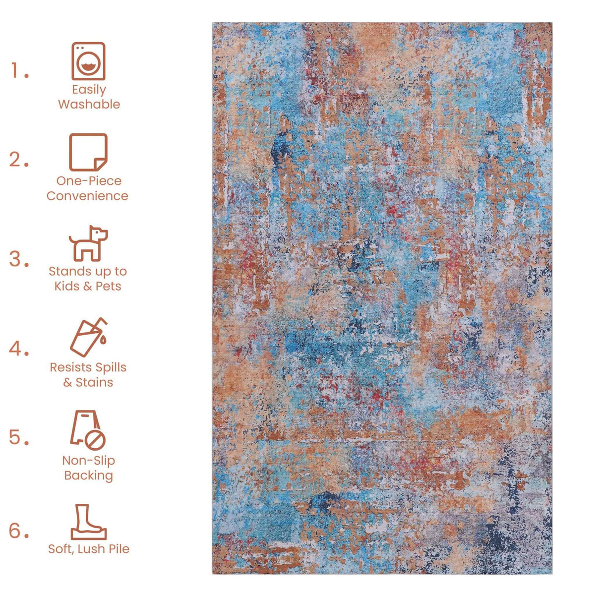 washable stain-resistant area rug with abstract design in light blue and gray, machine washable and pet-friendly