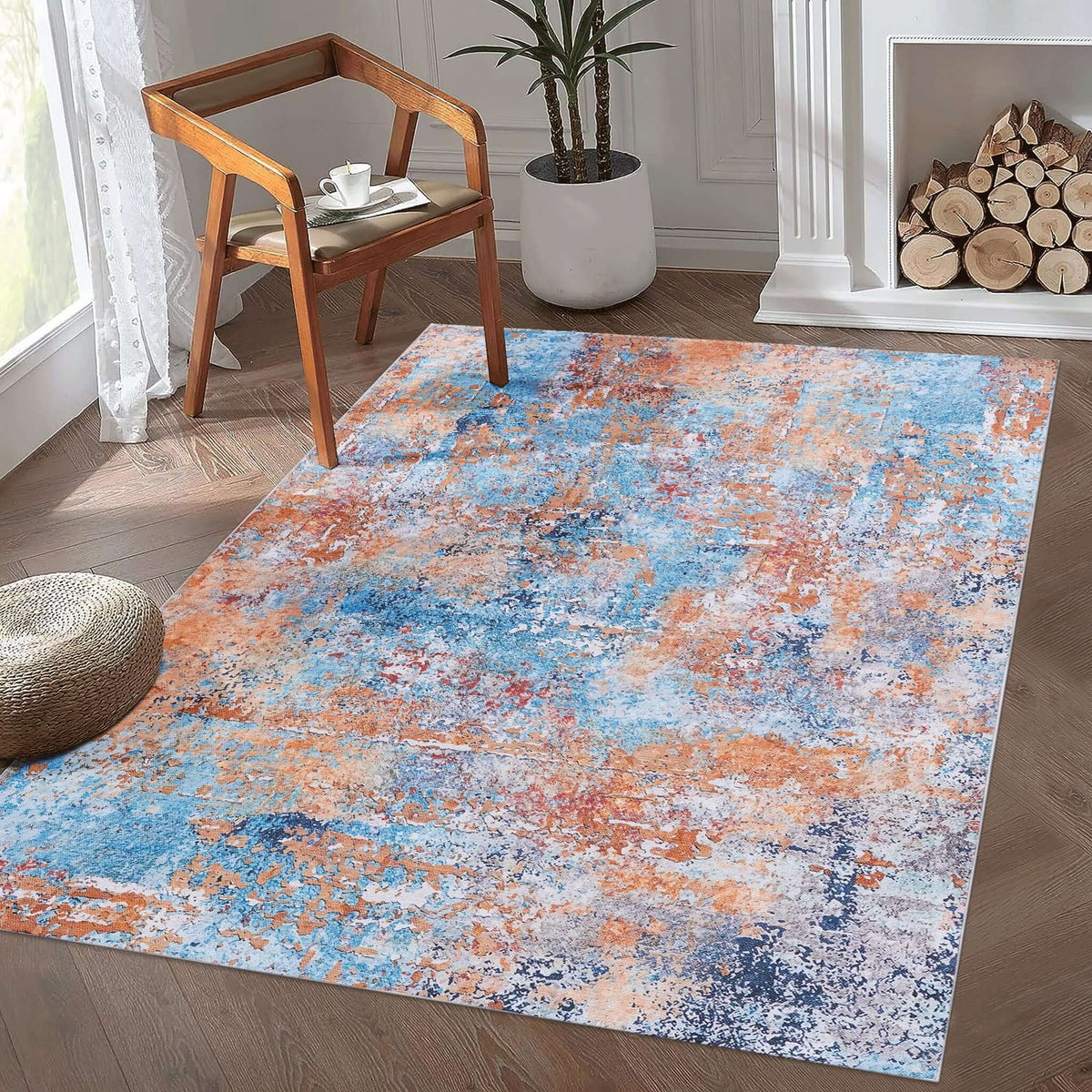 machine washable stain-resistant area rug in light blue with abstract design