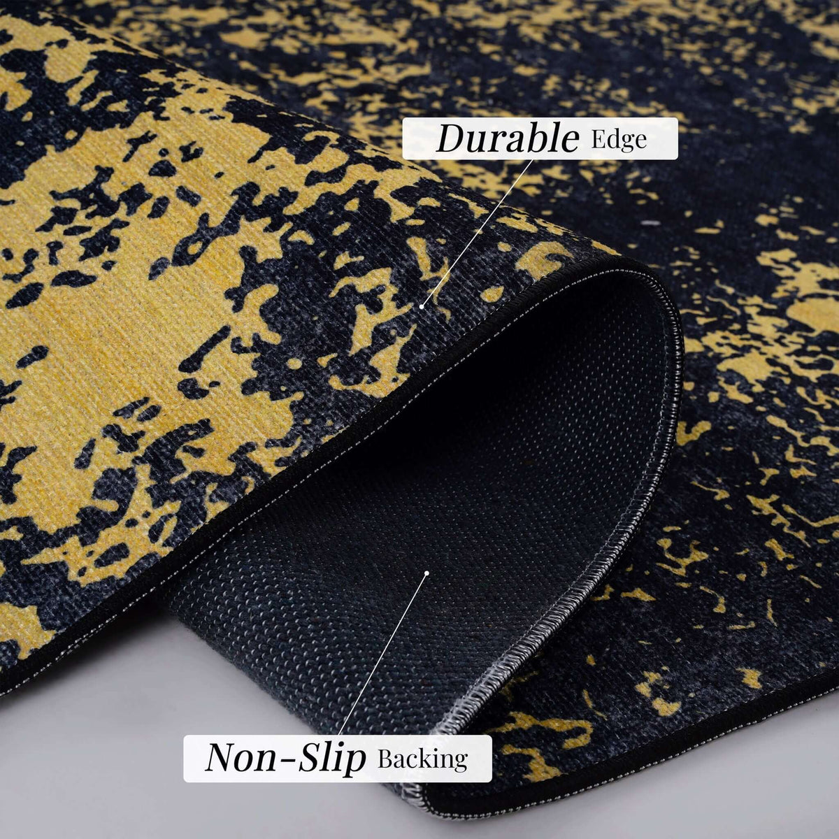 Luna Select Market washable area rug with a black and gold abstract pattern, featuring a non-slip backing and edge.
