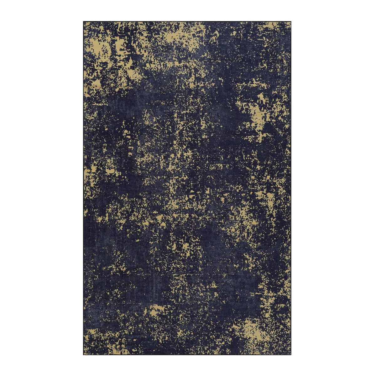 washable stain-resistant area rug with abstract design in navy and gold