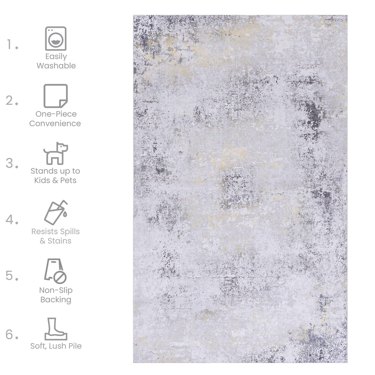 Luna Select Market washable area rug with a modern abstract gray and light blue pattern and non-slip backing.
