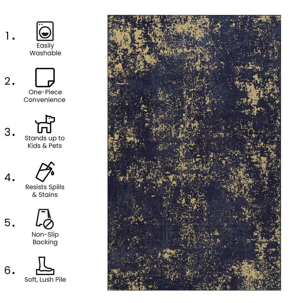 washable stain-resistant area rug in black and gold abstract design with key features