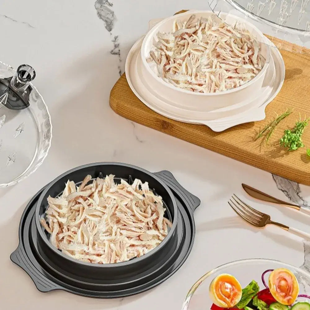 Manual Meat Shredder for Chicken and Beef shown shredding cooked meat in black and white bowls.