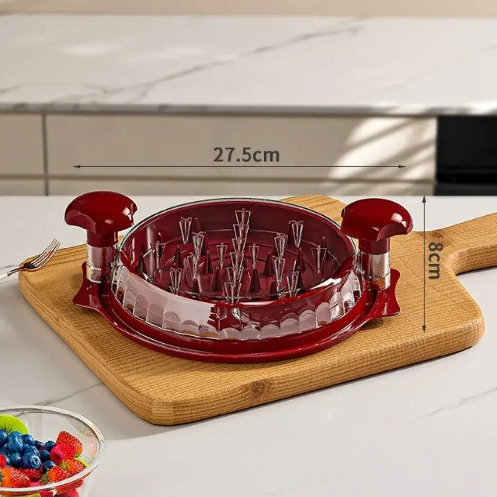 Manual Meat Shredder for Chicken and Beef on a wooden cutting board, showcasing its compact design and features.