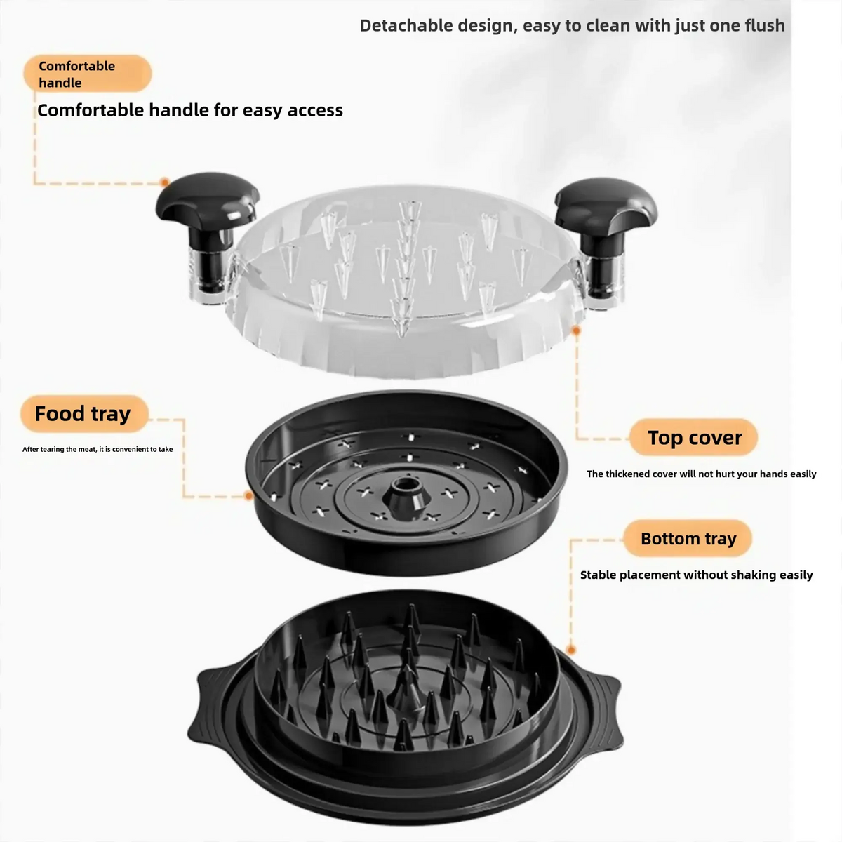 Manual Meat Shredder for Chicken and Beef with detachable design and comfortable handle for easy access.