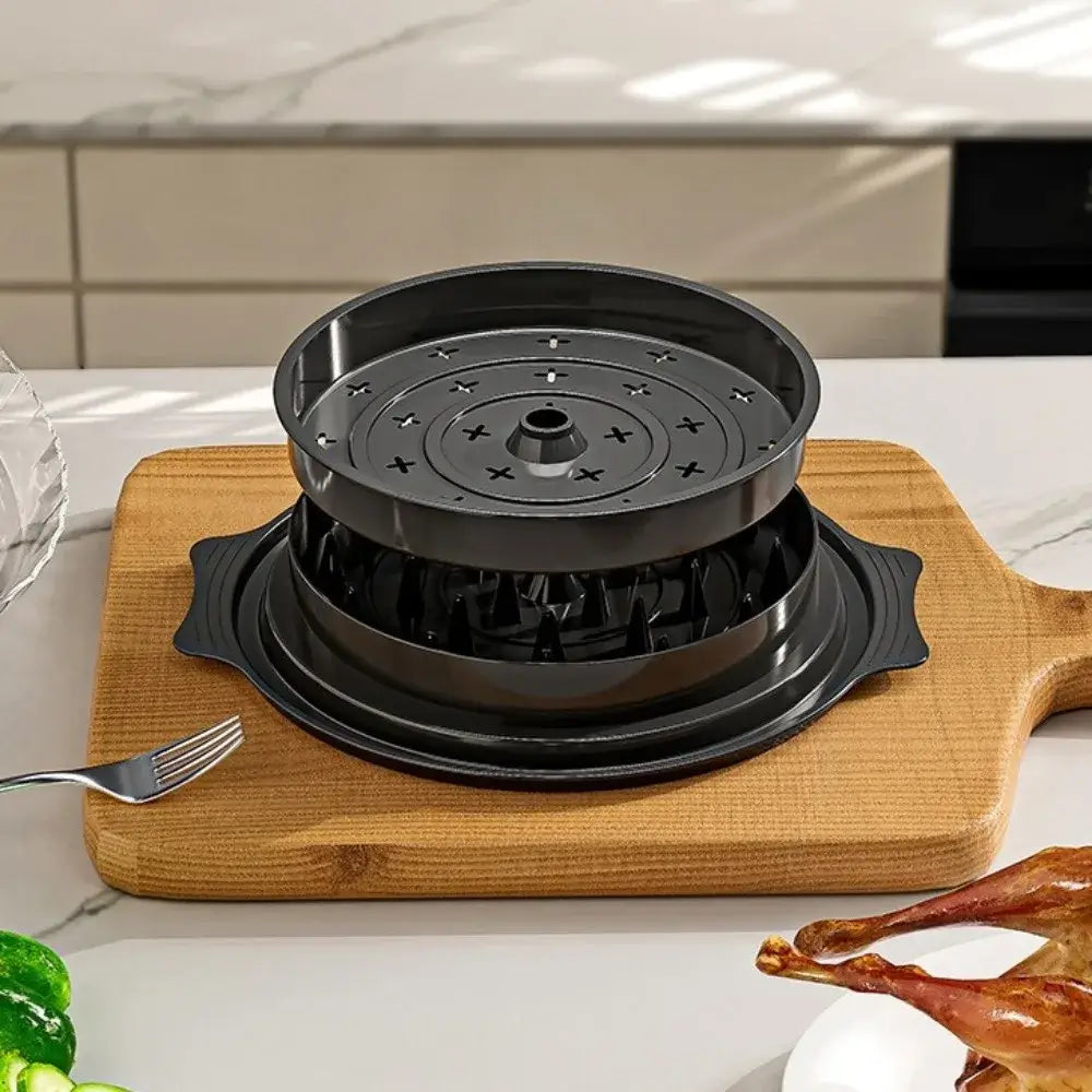 Manual Meat Shredder for Chicken and Beef displayed on a wooden cutting board in a kitchen setting.