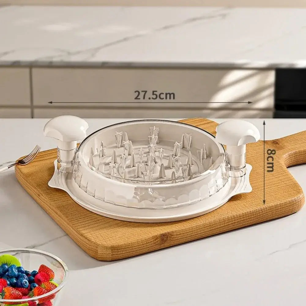 Manual Meat Shredder for Chicken and Beef on a wooden cutting board, showcasing its compact design and dimensions.