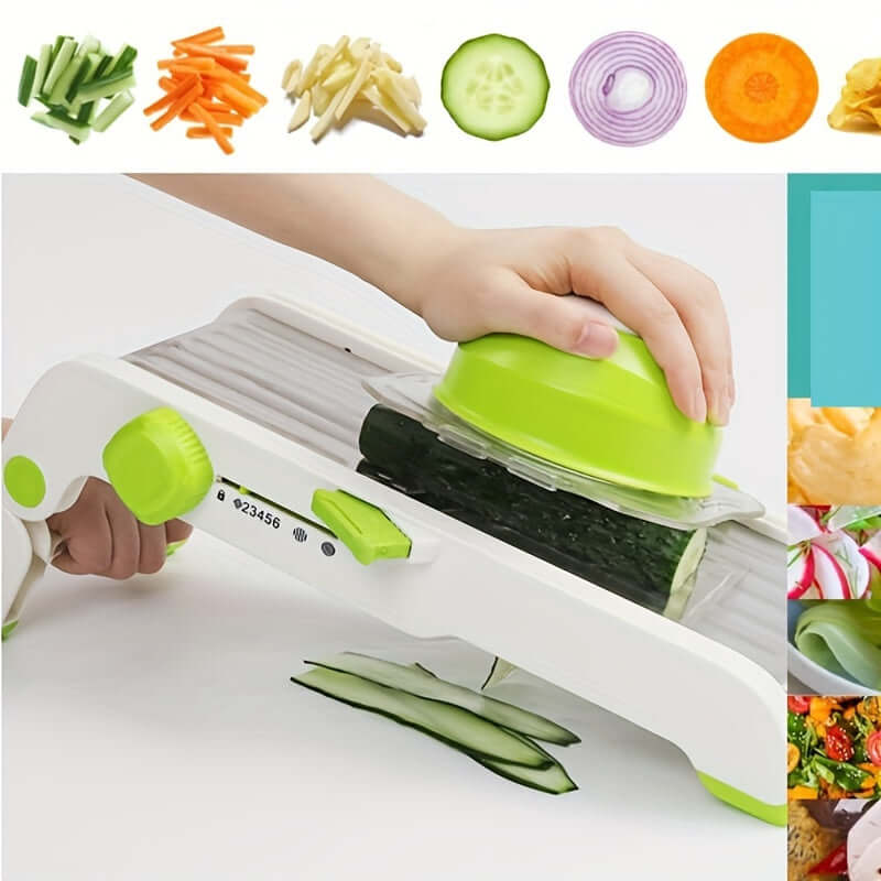 Manual vegetable slicer with an adjustable stainless steel blade for even slices.