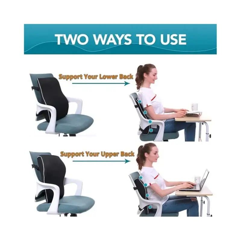 Memory foam lumbar support pillow with an ergonomic design, in black.