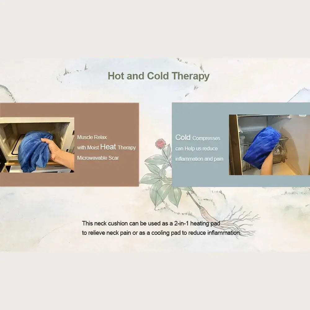 Herbal microwavable neck wrap designed for hot and cold therapy, relieving neck pain with herbal scent and reusable cotton exterior.
