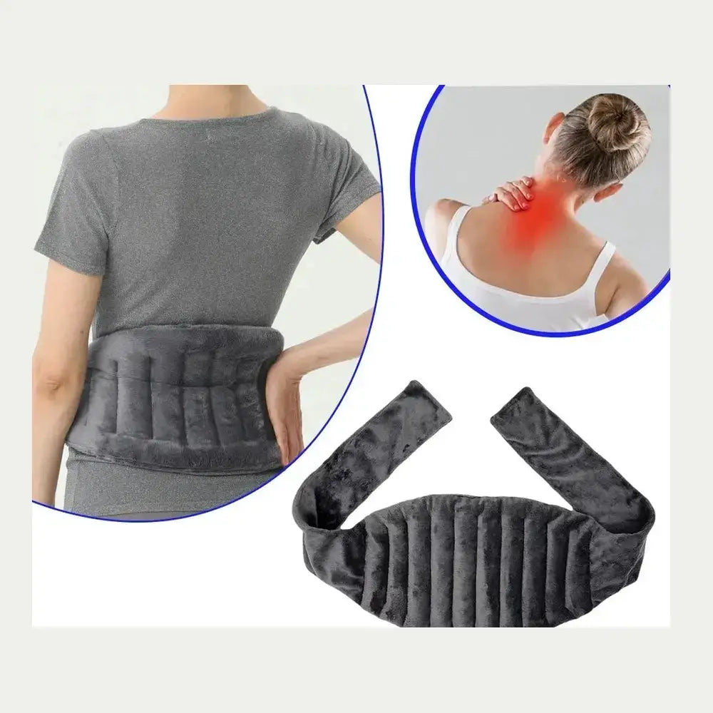 Microwave heating pad wrap in grey fleece showing back and neck relief, perfect for soothing sore muscles.