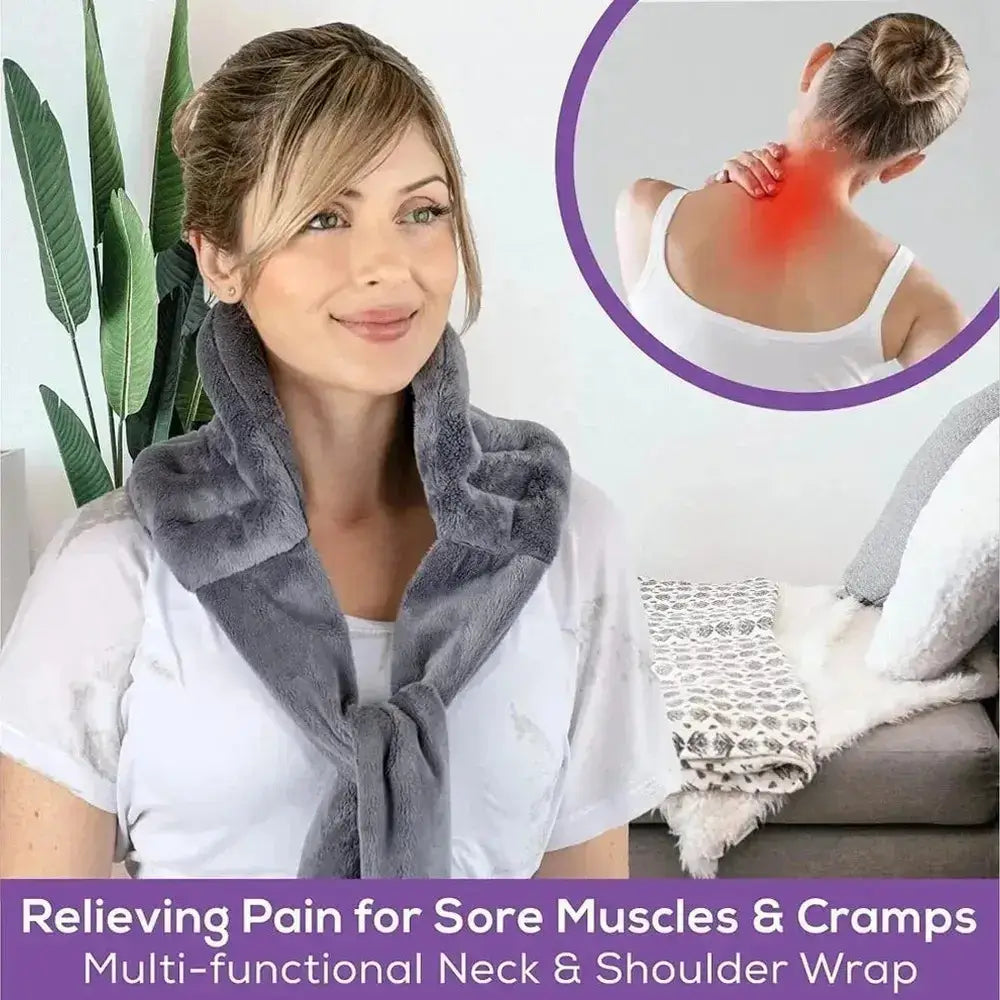 Microwave heating pad wrap for relieving pain in neck and shoulder, featuring a soft fleece material and adjustable strap.