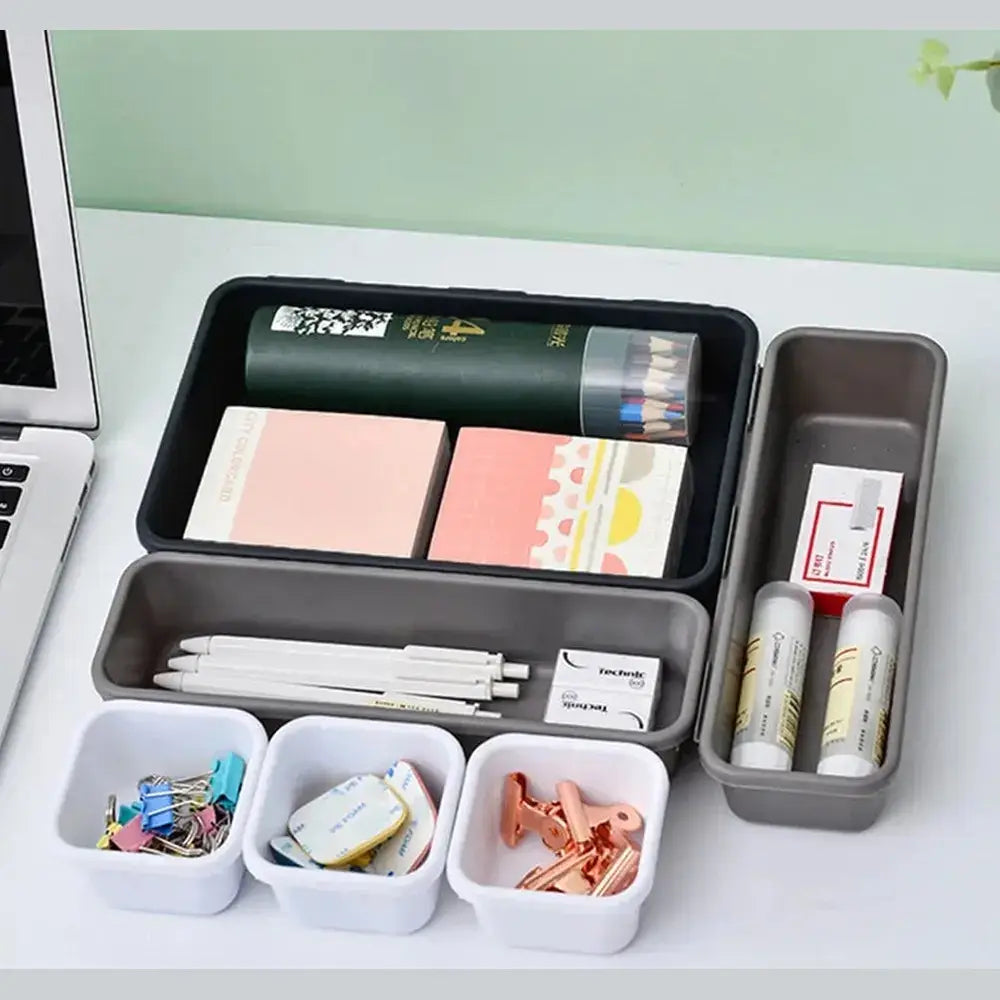 modular makeup organizer set with various storage bins and office supplies