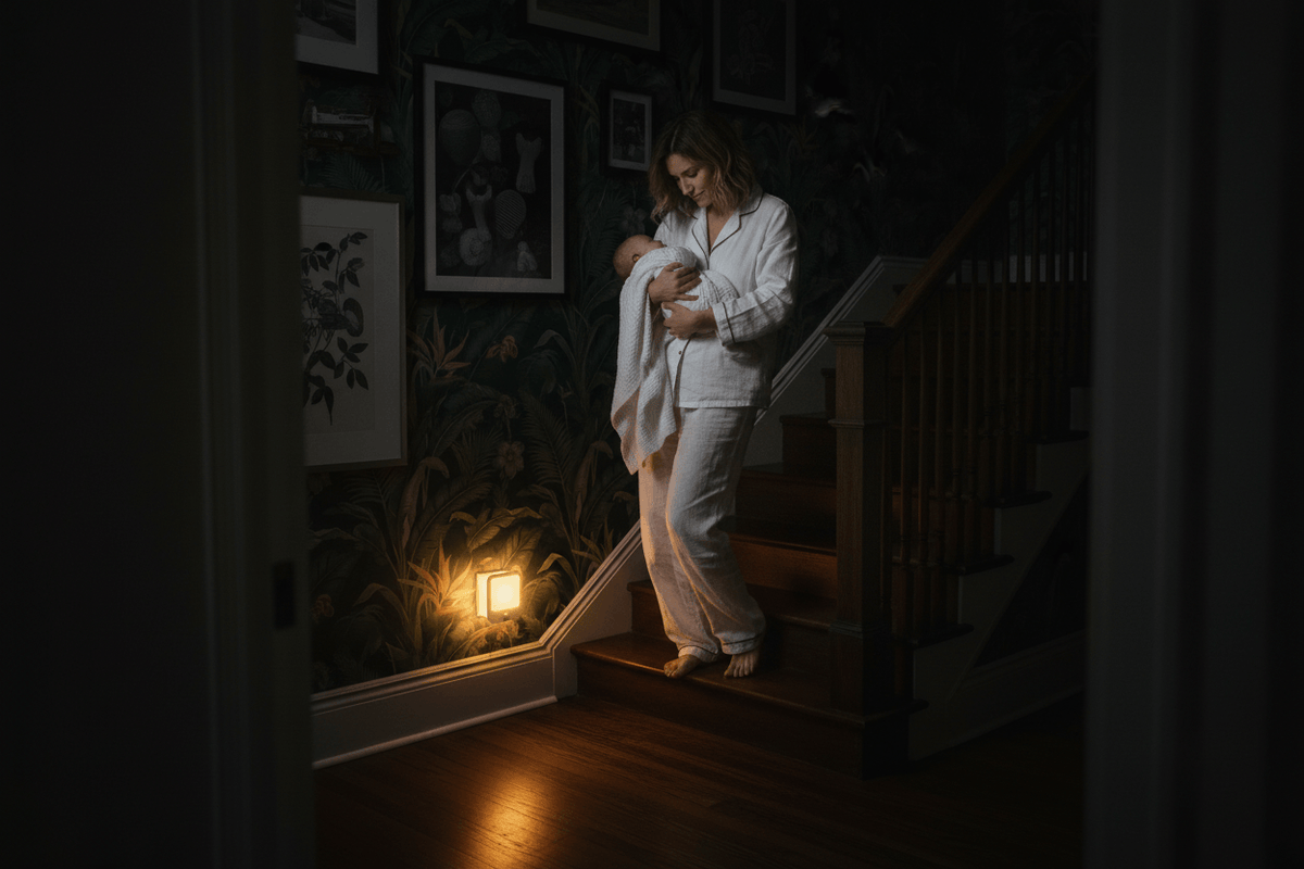motion sensing amber nightlight illuminating hallway at night for safe navigation