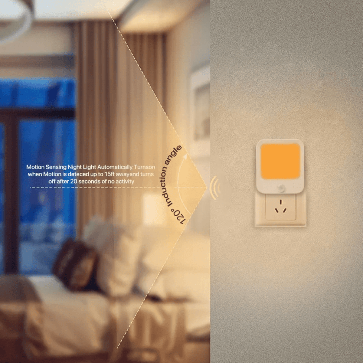 motion sensing amber nightlight with warm glow automatically activates in bedroom hallway