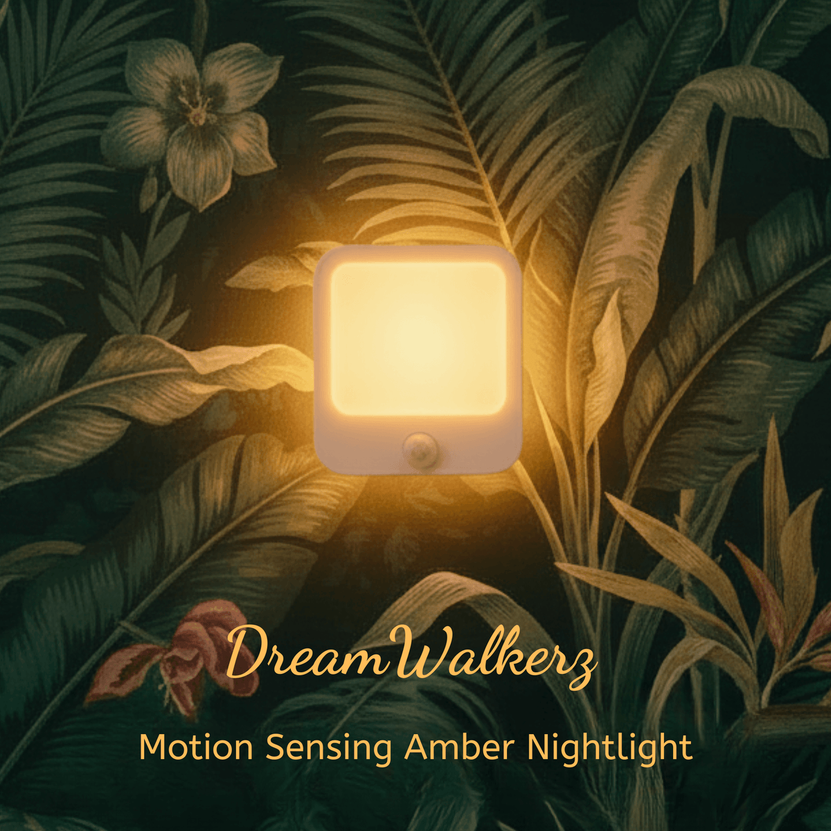 motion sensing amber nightlight with soft warm glow among plants