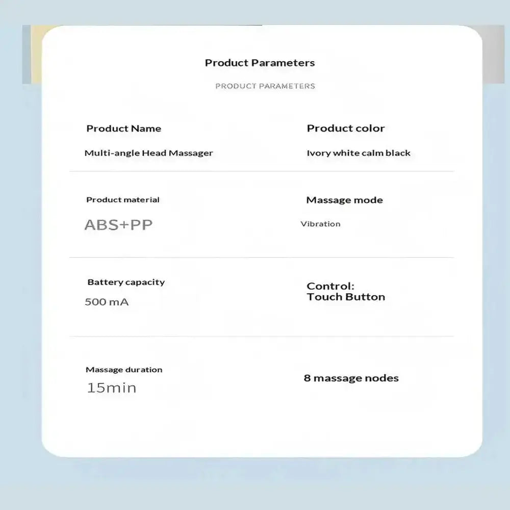 Product parameters for cordless electric scalp massager, including material ABS+PP, color options, and detailed specifications.