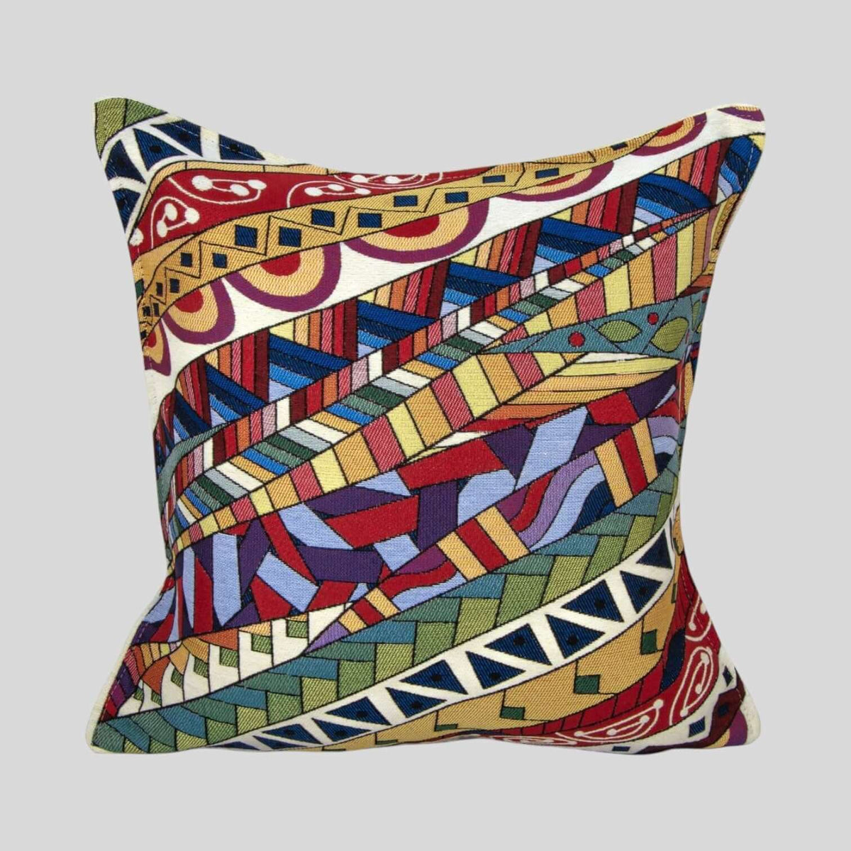 18-inch multicolor geometric Turkish pillow cover in an artisan woven pattern.
