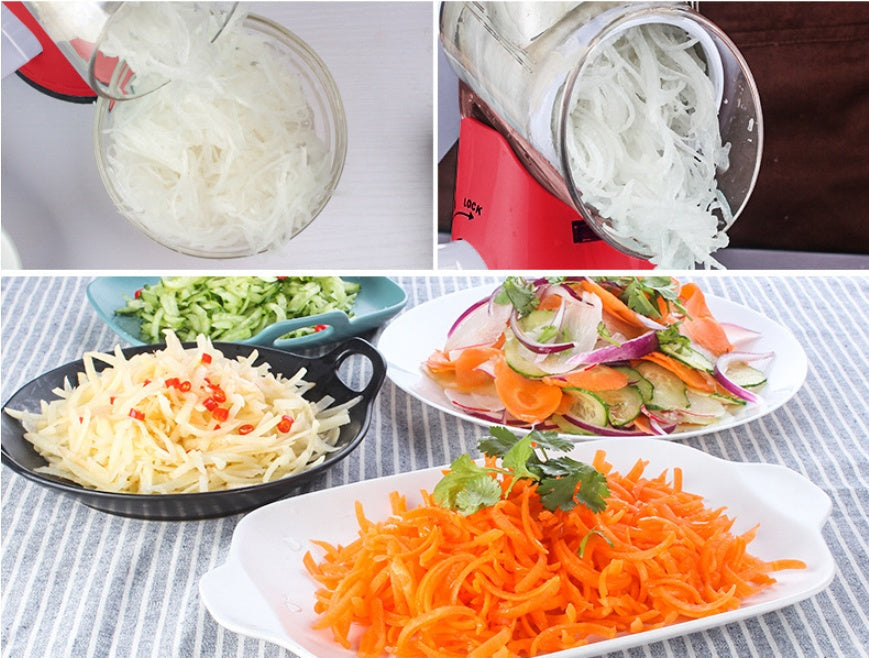 Mandoline vegetable slicer creating various vegetable slices for salads, showcasing easy food preparation in the kitchen.