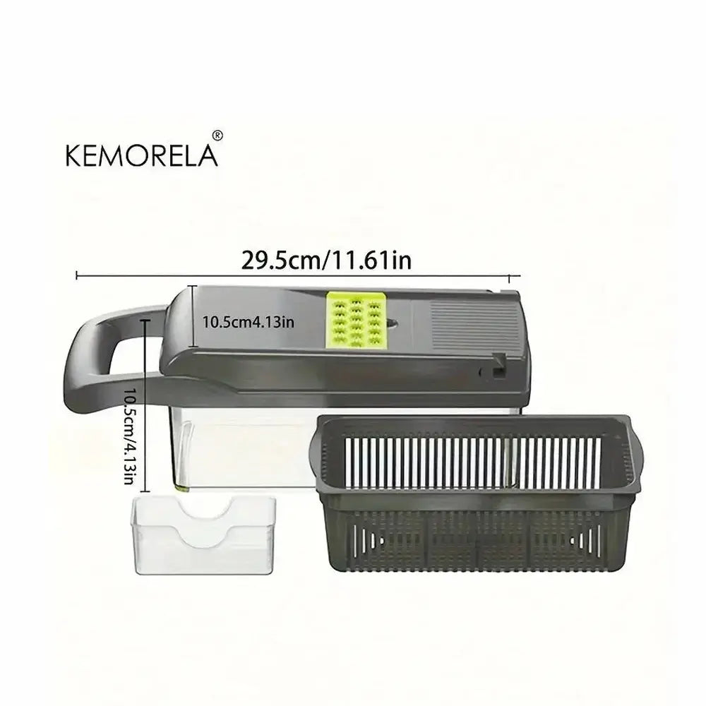 Multi-functional vegetable chopper with measurement details for precise kitchen prep.