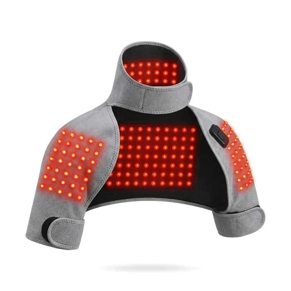 Neck and shoulder heating pad with massage, featuring red light therapy and soft fabric for relaxation and relief.