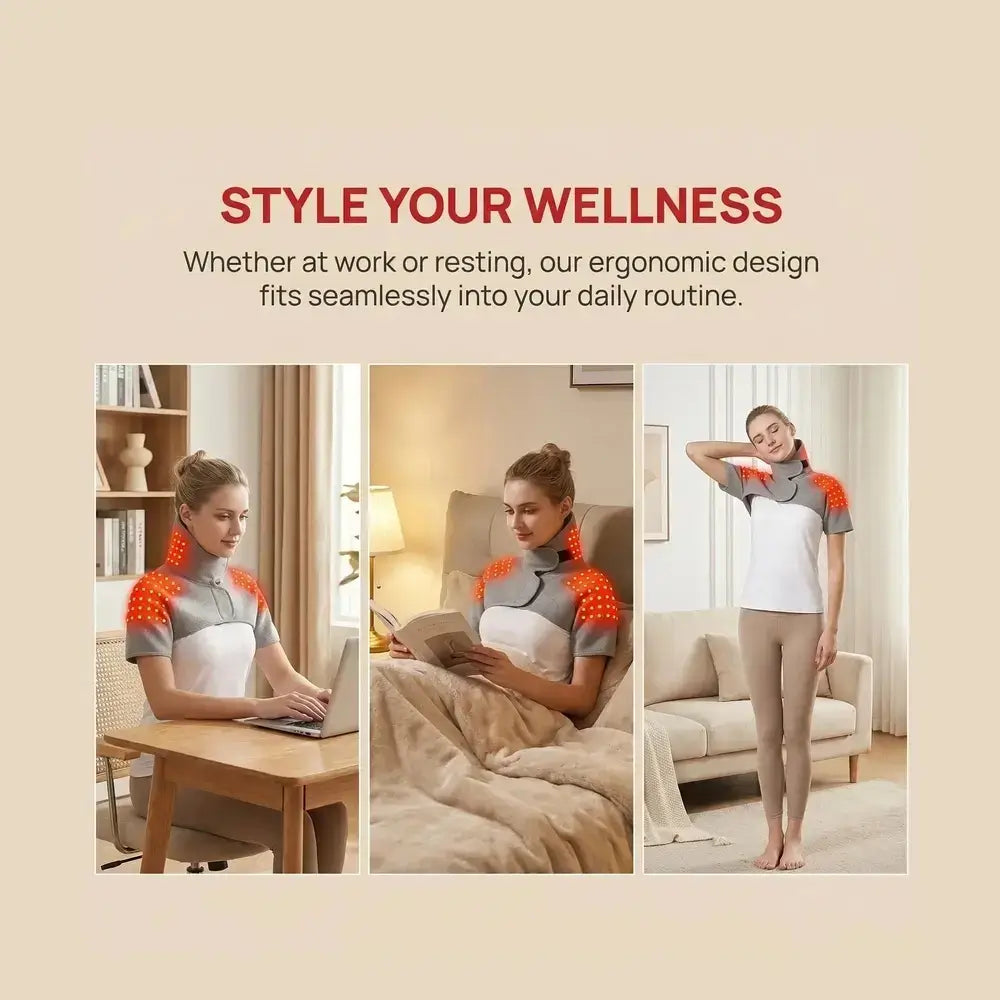 Neck and shoulder heating pad with massage, ergonomic design fitting daily routine for comfort at home or work.