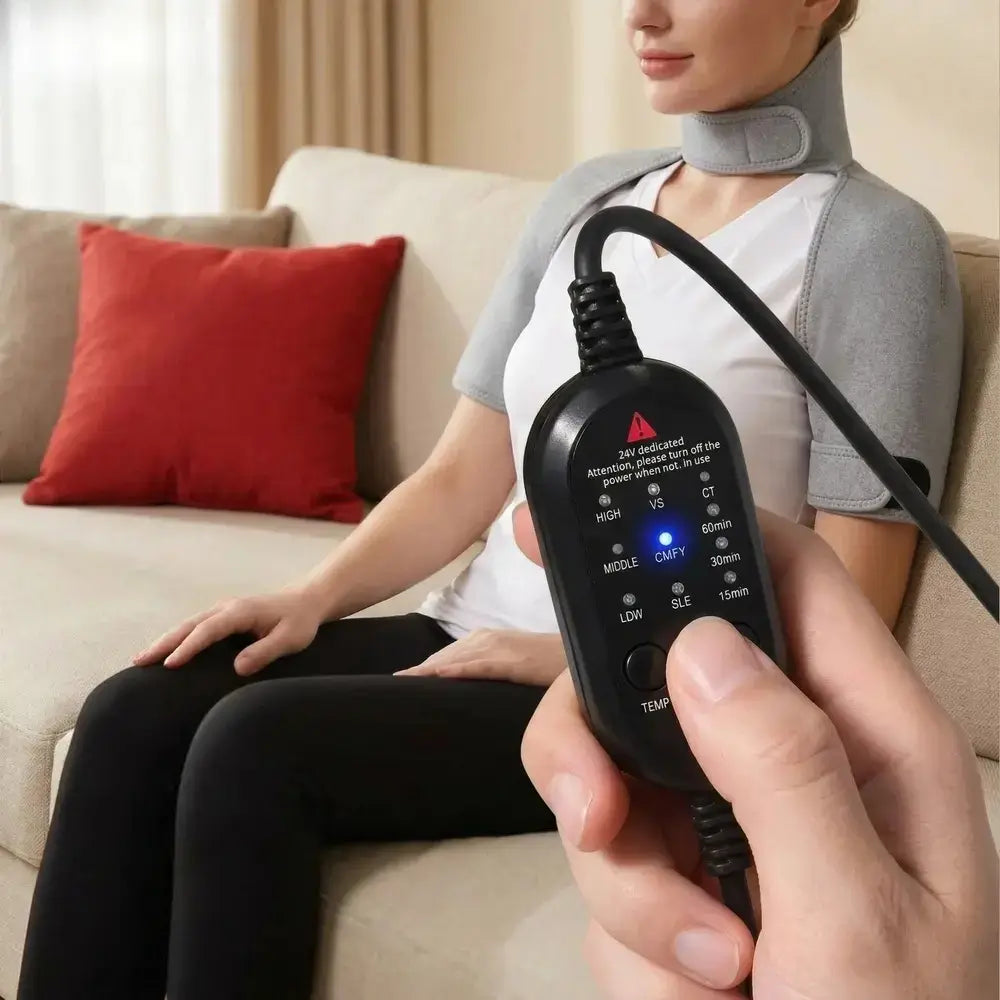 Relaxing with a neck and shoulder heating pad with massage, featuring heat settings and comfortable design for ultimate relief.