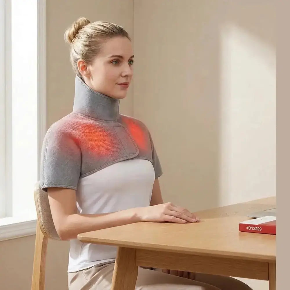 Woman using a neck and shoulder heating pad with massage at a desk, featuring soothing heat to relax muscles.