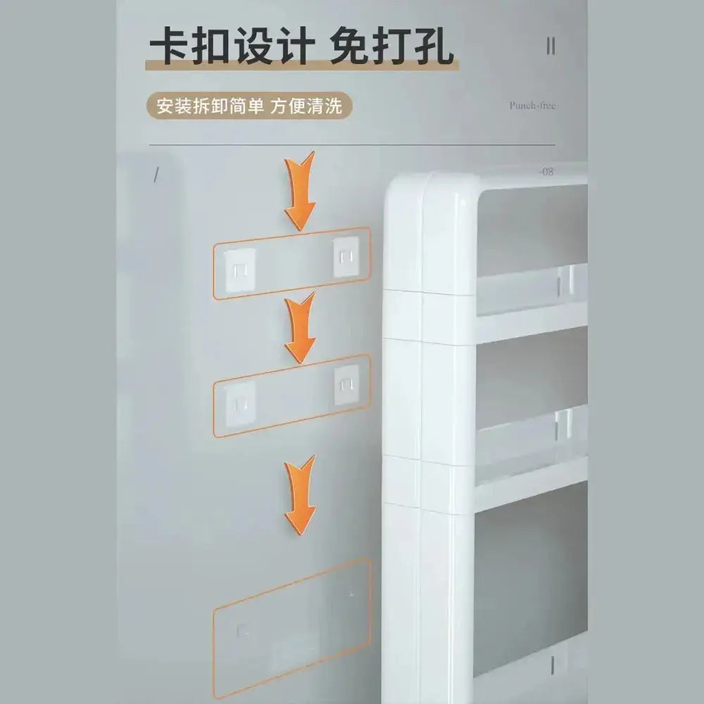 No-drill bathroom organizer shelf installation process, demonstrating easy attachment without drilling.
