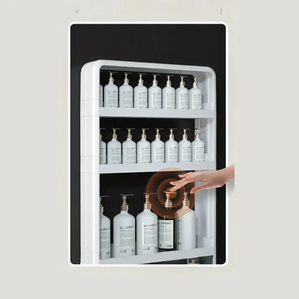 No-Drill Bathroom Organizer Shelf with bottles organized on wall-mounted rack for convenient storage.