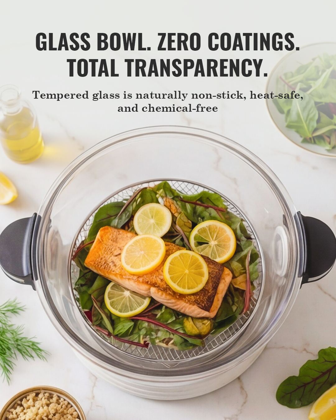 Self-cleaning air fryer showing the non-toxic tempered glass bowl.