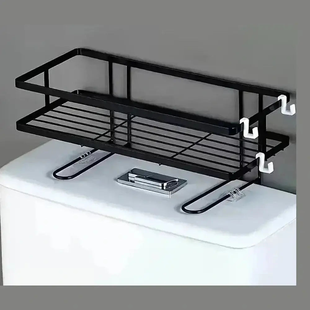 Over-the-toilet storage shelf in black, enhancing bathroom organization with space-saving design and stylish basket.