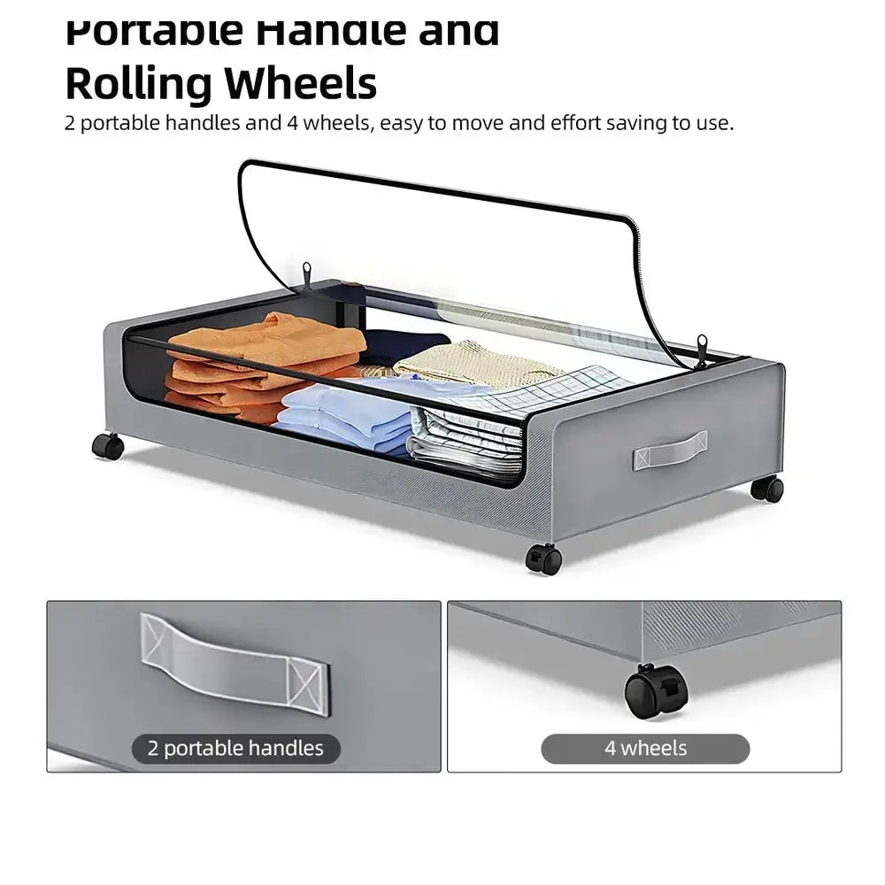 Rolling under-bed storage bins with zippered lid, portable handles, and wheels for easy access and organization.