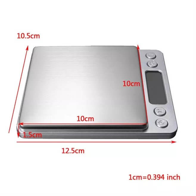 Precision digital kitchen scale with 0.1g readability and a tare function.
