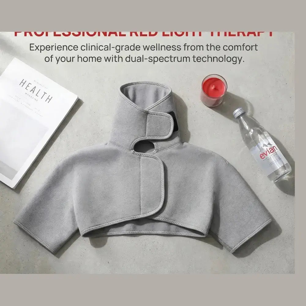 Neck and shoulder heating pad with massage designed for clinical-grade wellness at home, featuring dual-spectrum technology.