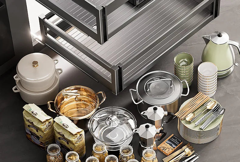 Pull-Out Cabinet Organizer with Sliding Baskets, 600–800 mm showcasing kitchen pots and dishes for organized storage.