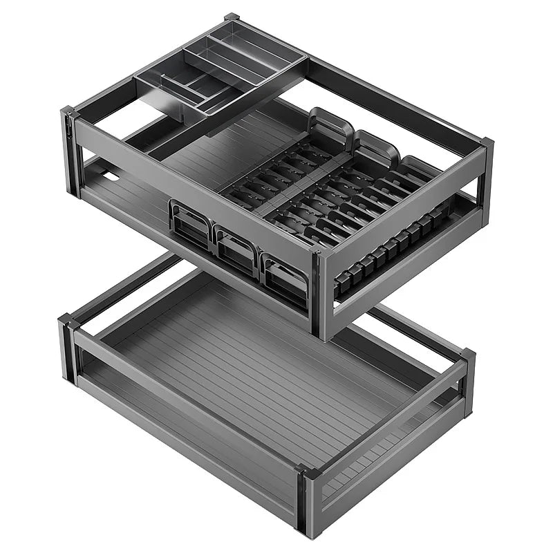 Pull-Out Cabinet Organizer with Sliding Baskets, 600–800 mm featuring sliding baskets and dish rack.