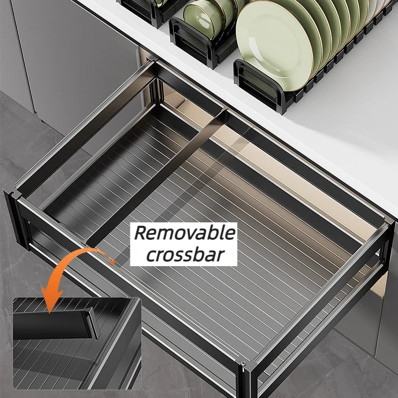 Pull-Out Cabinet Organizer with Sliding Baskets, 600–800 mm featuring removable crossbar and dish rack.