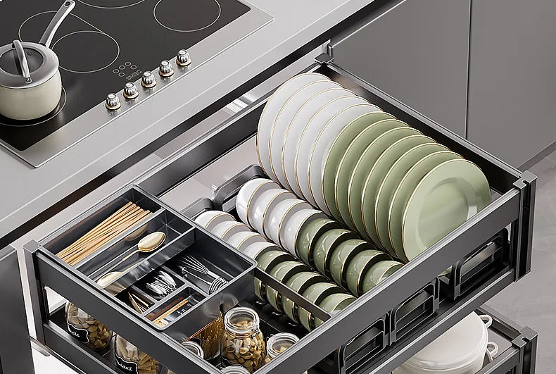 Pull-Out Cabinet Organizer with Sliding Baskets, 600–800 mm featuring organized dishes and utensils in a modern kitchen drawer.