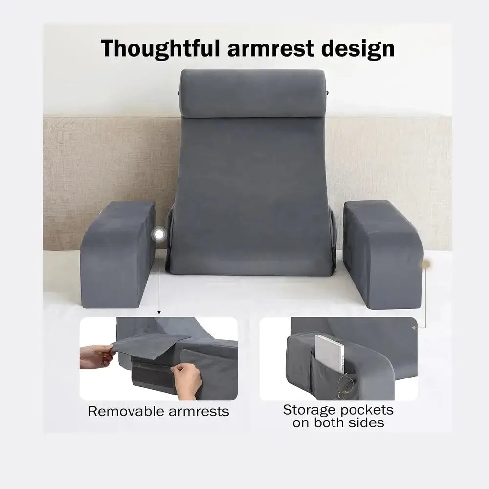 Reading pillow with armrests featuring removable armrests and side storage pockets for enhanced comfort and convenience.