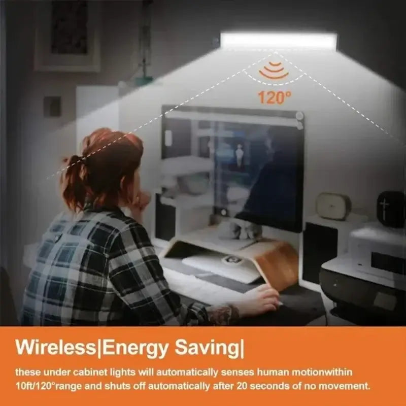 rechargeable motion sensor under cabinet light with 120-degree motion sensing technology for hands-free wireless operation