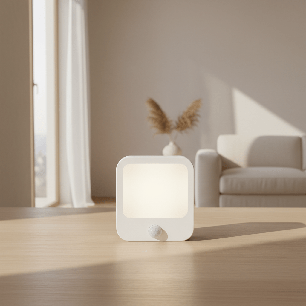 Red motion sensor night light with 3 modes displaying soft glow on wooden table in modern home